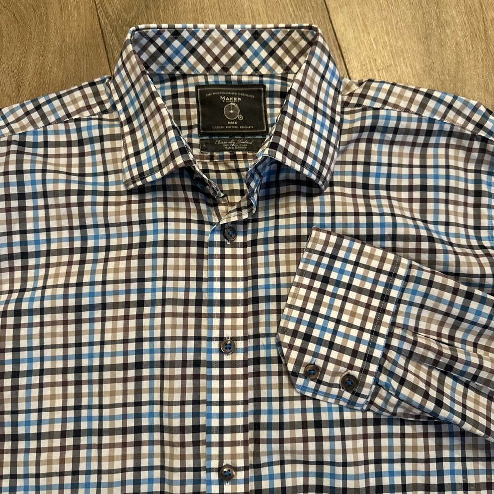Maker & Company Mens Blue Brown Plaid Cotton Button Down Shirt Large Tailored
